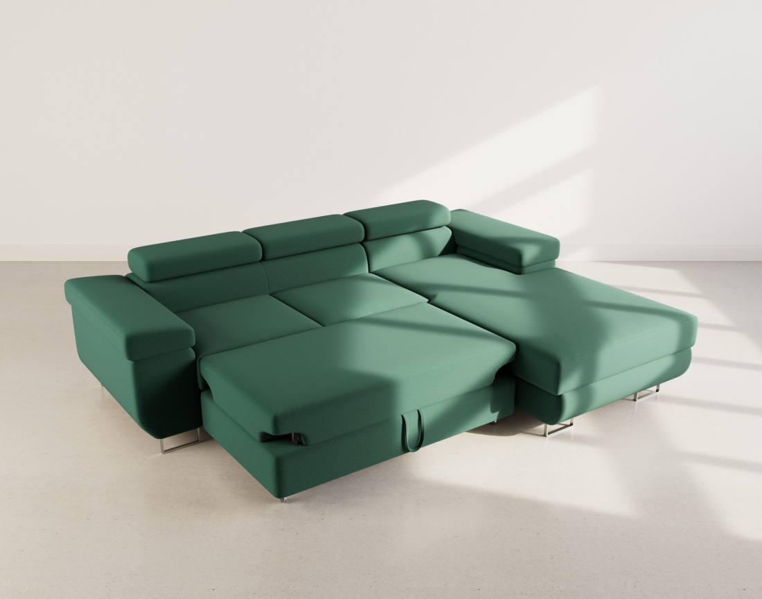 Canapé d'angle droit 6 places convertible avec coffre et têtières réglables en velours Pablo