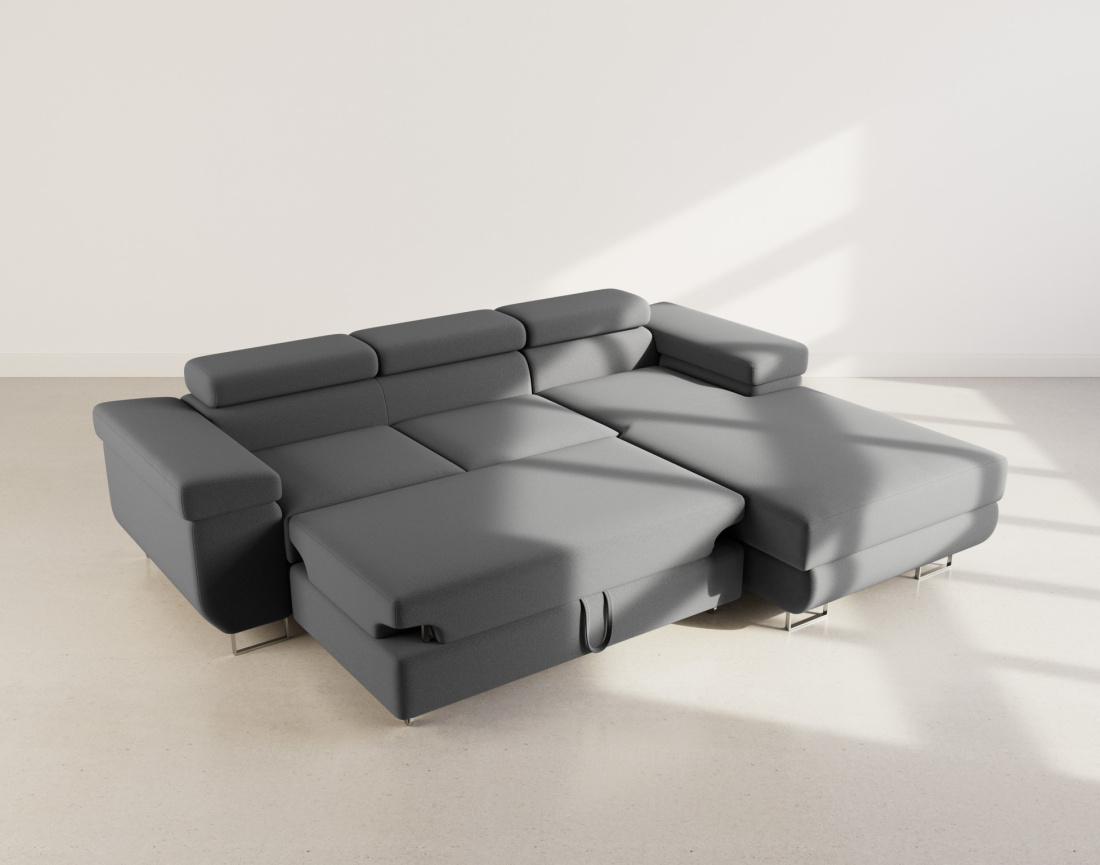 Canapé d'angle droit 6 places convertible avec coffre et têtières réglables en velours Pablo
