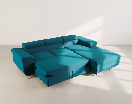 Canapé d'angle droit 6 places convertible avec coffre et têtières réglables en velours Pablo