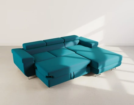 Canapé d'angle droit 6 places convertible avec coffre et têtières réglables en velours Pablo