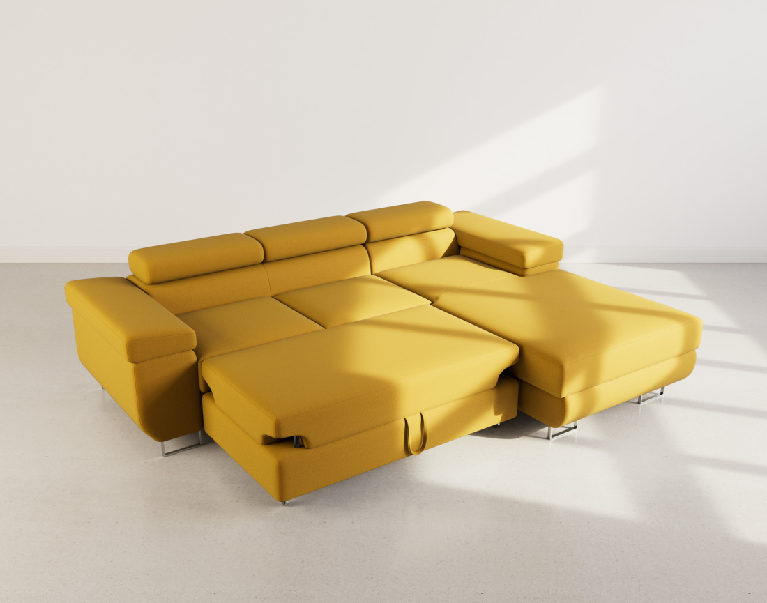 Canapé d'angle droit 6 places convertible avec coffre et têtières réglables en velours Pablo