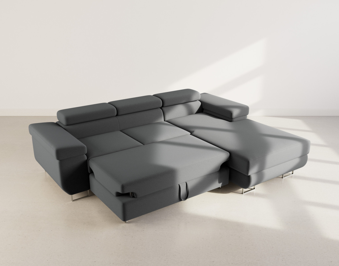 Canapé d'angle droit 6 places convertible avec coffre et têtières réglables en velours Pablo