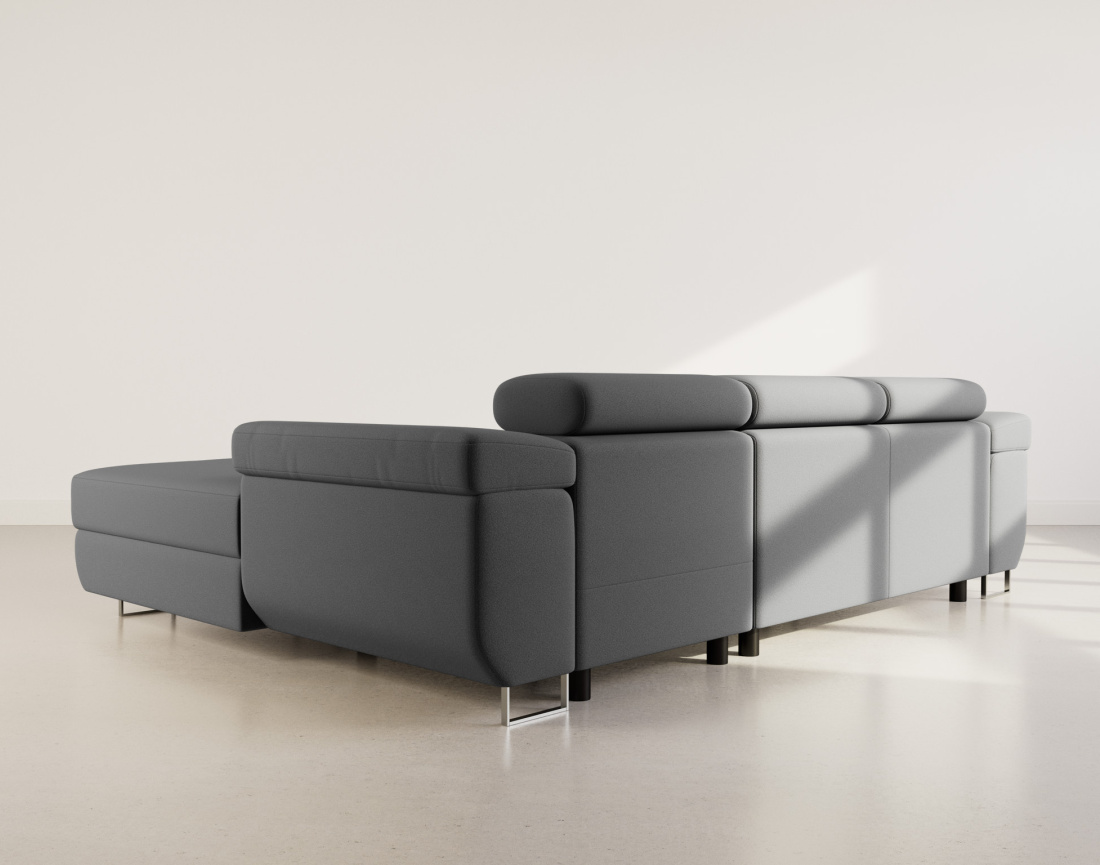 Canapé d'angle droit 6 places convertible avec coffre et têtières réglables en velours Pablo