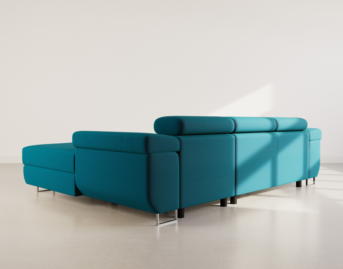 Canapé d'angle droit 6 places convertible avec coffre et têtières réglables en velours Pablo