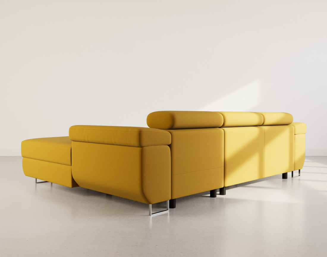 Canapé d'angle droit 6 places convertible avec coffre et têtières réglables en velours Pablo