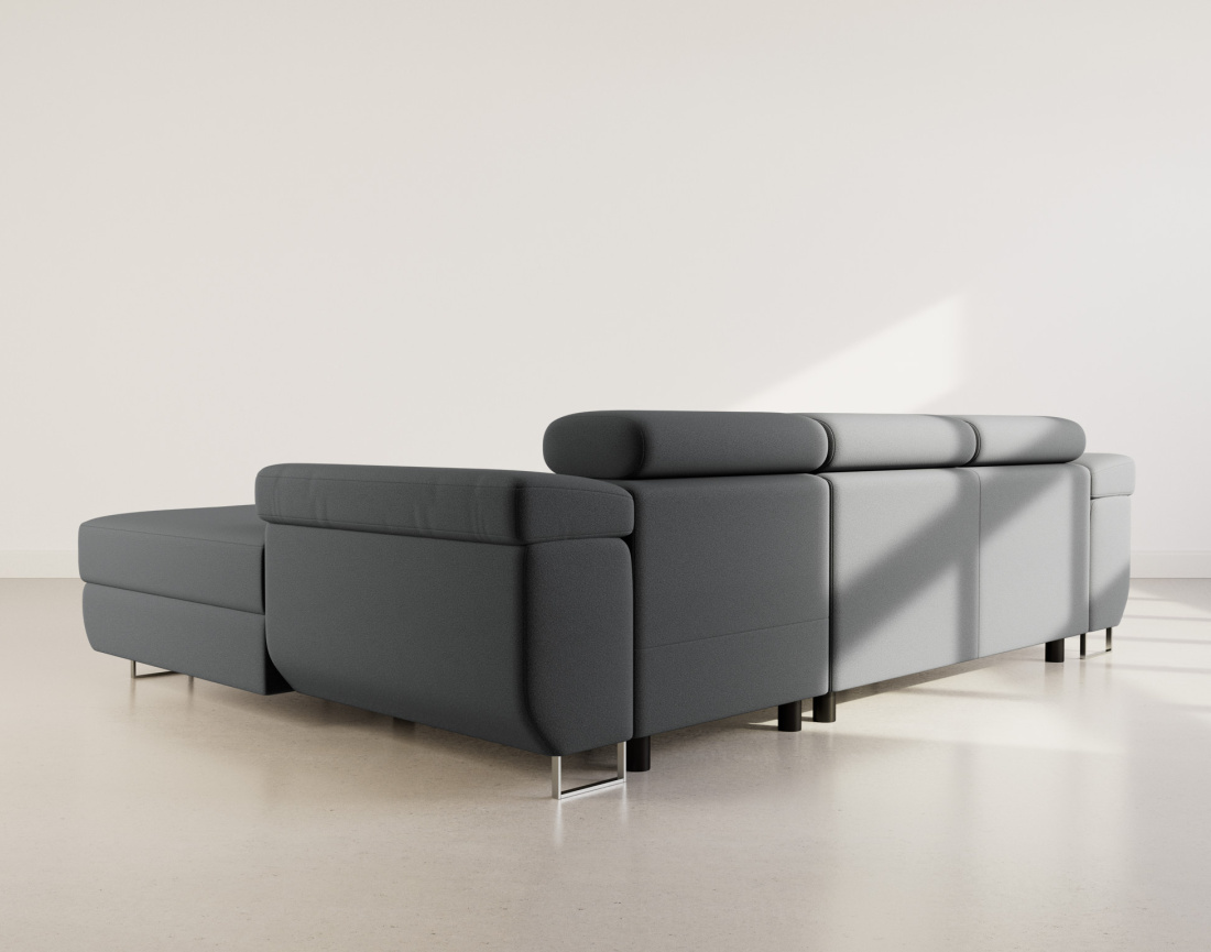 Canapé d'angle droit 6 places convertible avec coffre et têtières réglables en velours Pablo