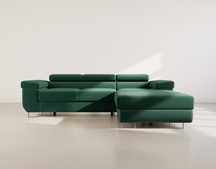 Canapé d'angle droit 6 places convertible avec coffre et têtières réglables en velours Pablo