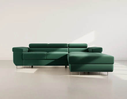 Canapé d'angle droit 6 places convertible avec coffre et têtières réglables en velours Pablo