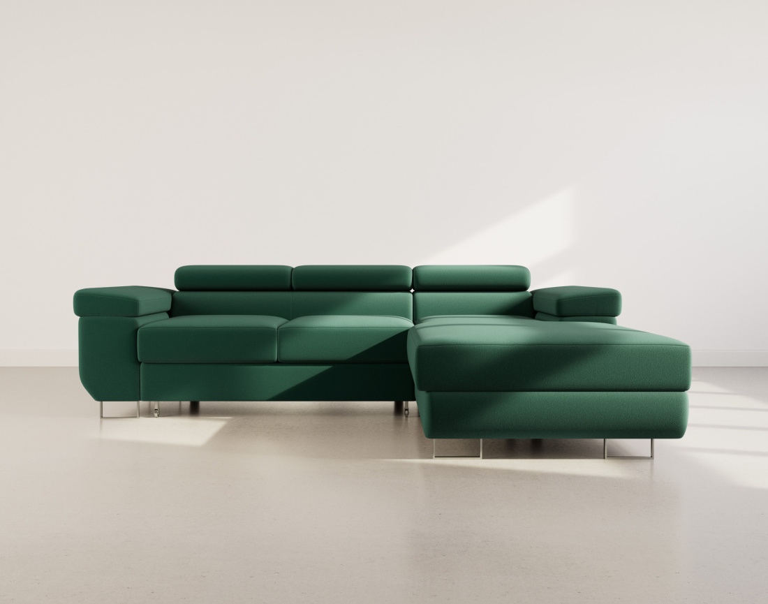 Canapé d'angle droit 6 places convertible avec coffre et têtières réglables en velours Pablo