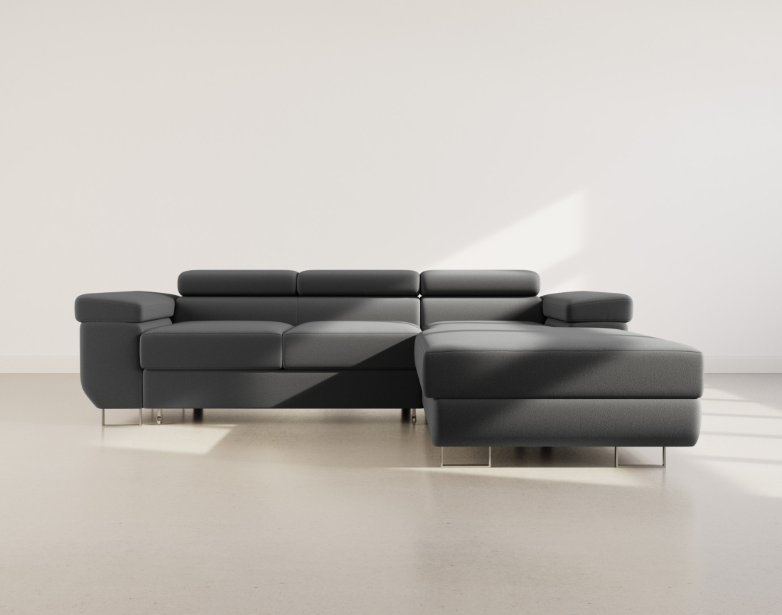 Canapé d'angle droit 6 places convertible avec coffre et têtières réglables en velours Pablo