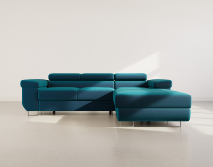 Canapé d'angle droit 6 places convertible avec coffre et têtières réglables en velours Pablo