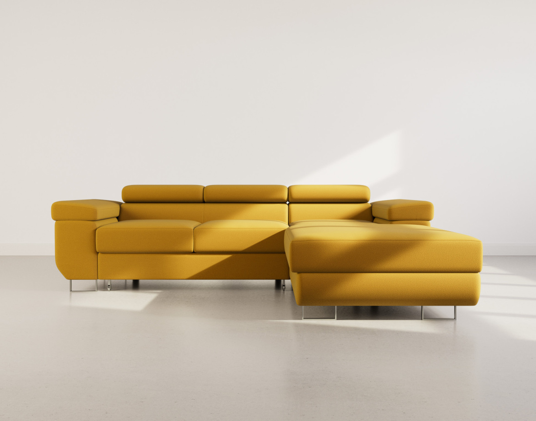 Canapé d'angle droit 6 places convertible avec coffre et têtières réglables en velours Pablo