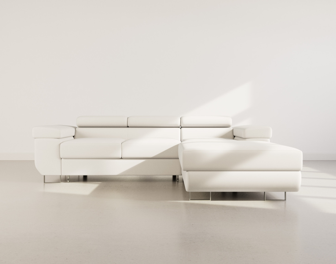 Canapé d'angle droit 6 places convertible avec coffre et têtières réglables en velours Pablo