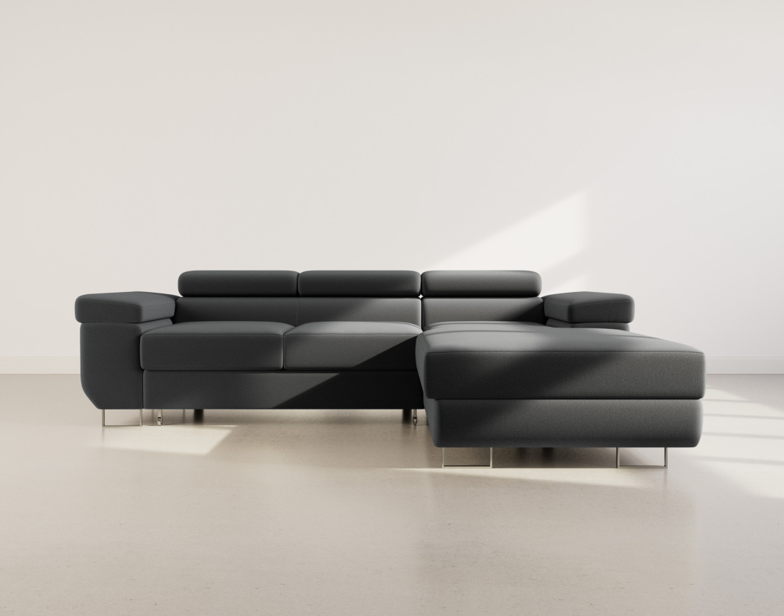 Canapé d'angle droit 6 places convertible avec coffre et têtières réglables en velours Pablo