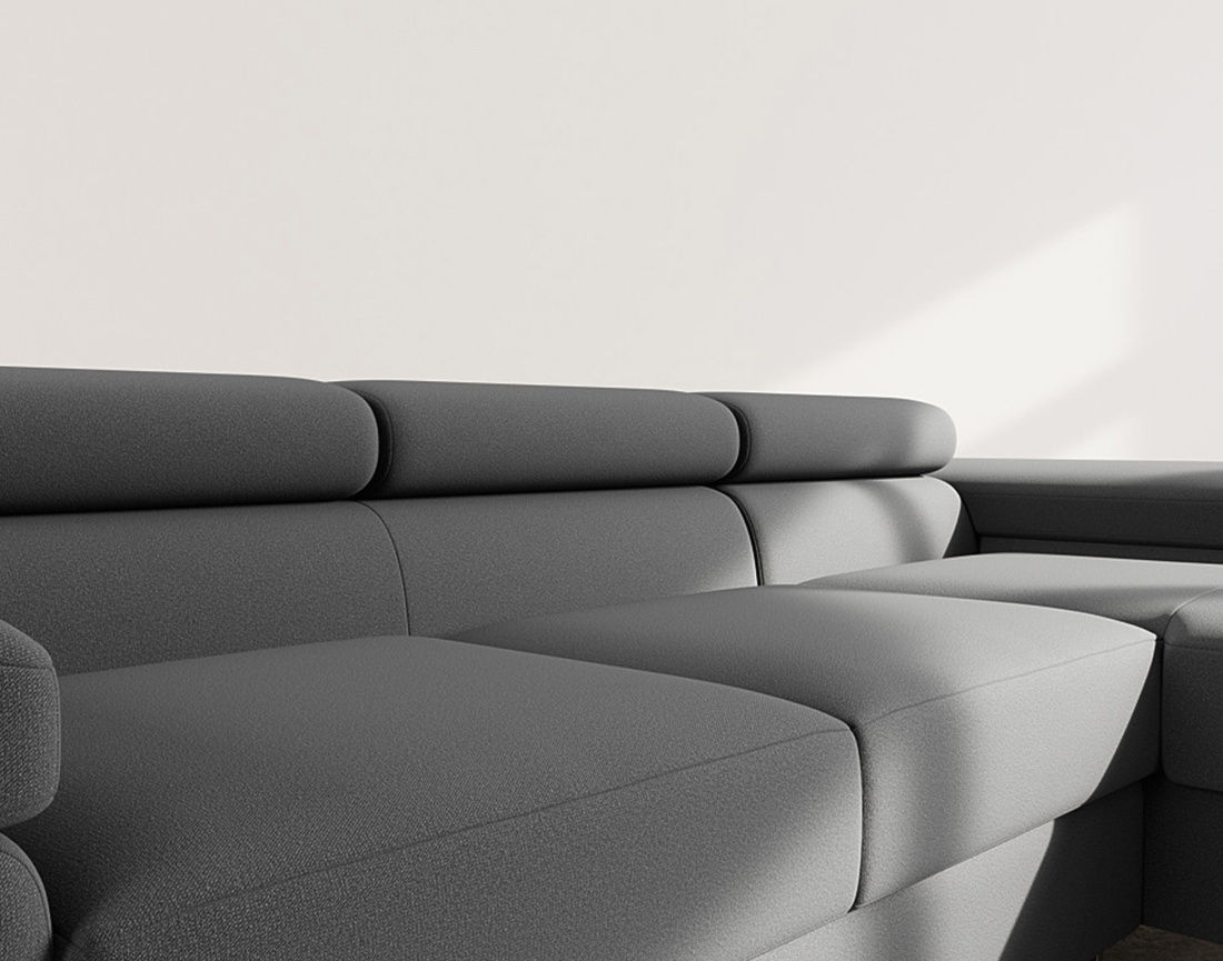 Canapé d'angle droit 6 places convertible avec coffre et têtières réglables en velours Pablo