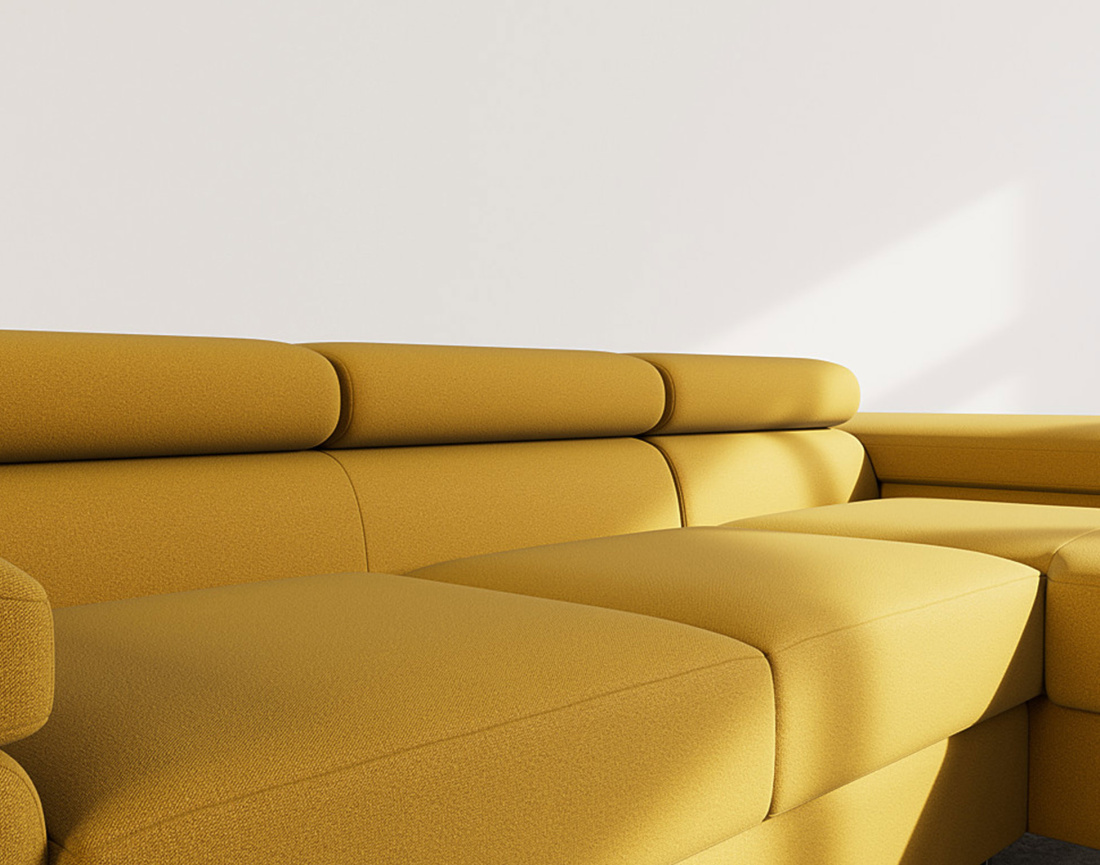 Canapé d'angle droit 6 places convertible avec coffre et têtières réglables en velours Pablo