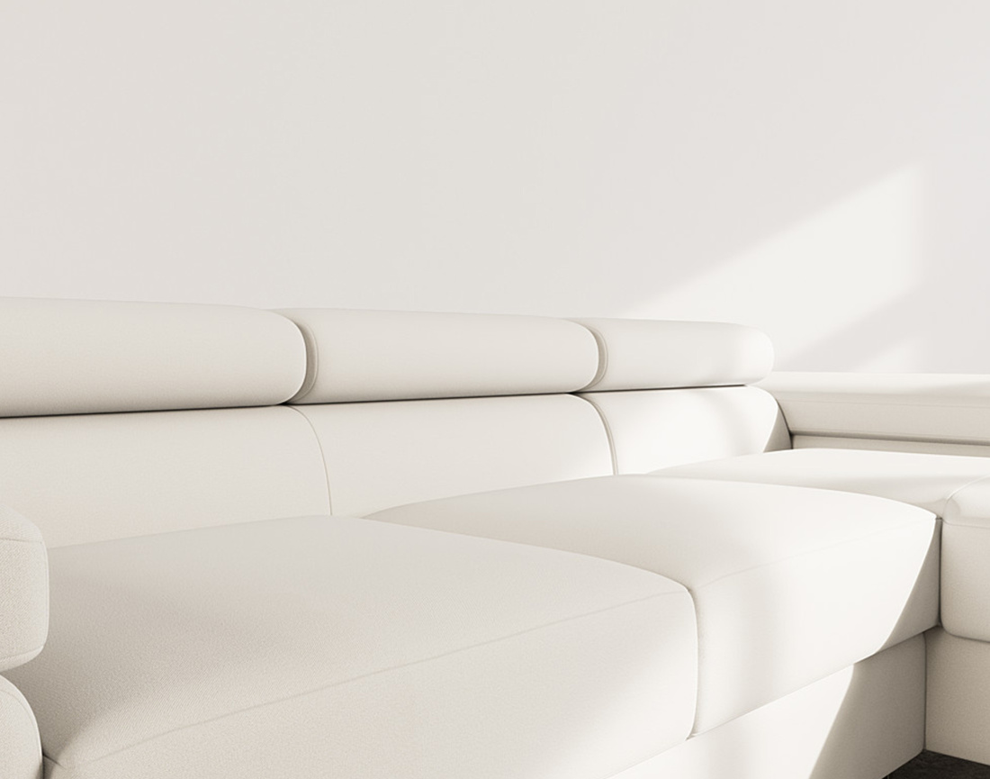 Canapé d'angle droit 6 places convertible avec coffre et têtières réglables en velours Pablo