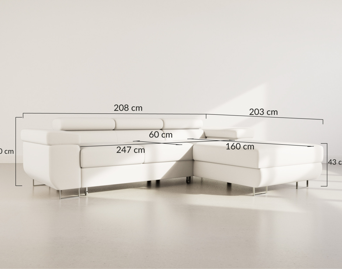 Canapé d'angle droit 6 places convertible avec coffre et têtières réglables en velours Pablo
