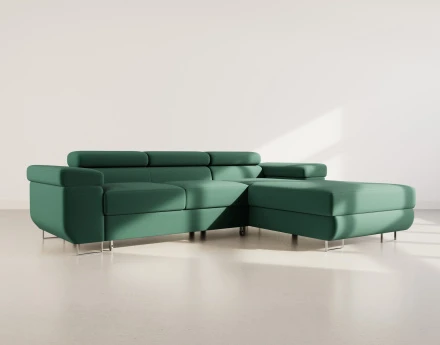 Canapé d'angle droit 6 places convertible avec coffre et têtières réglables en velours Pablo