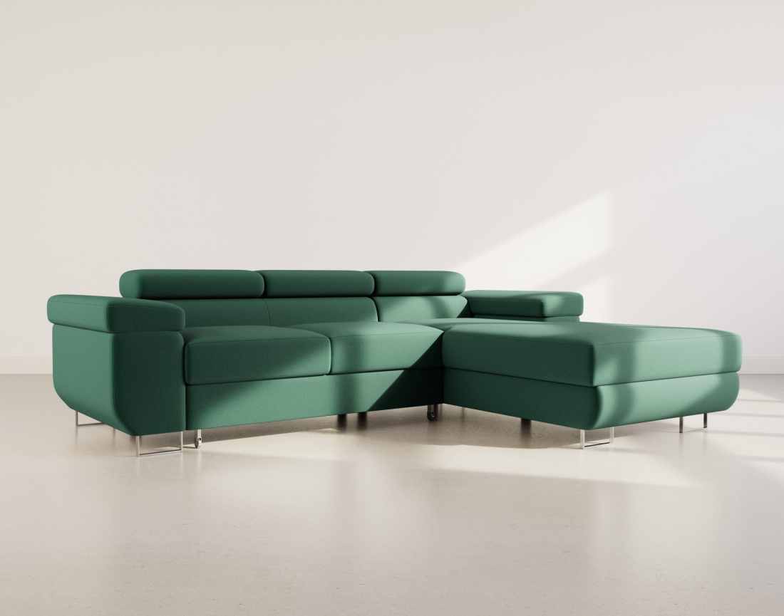 Canapé d'angle droit 6 places convertible avec coffre et têtières réglables en velours Pablo