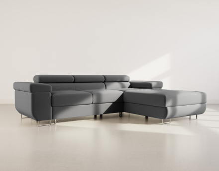 Canapé d'angle droit 6 places convertible avec coffre et têtières réglables en velours Pablo