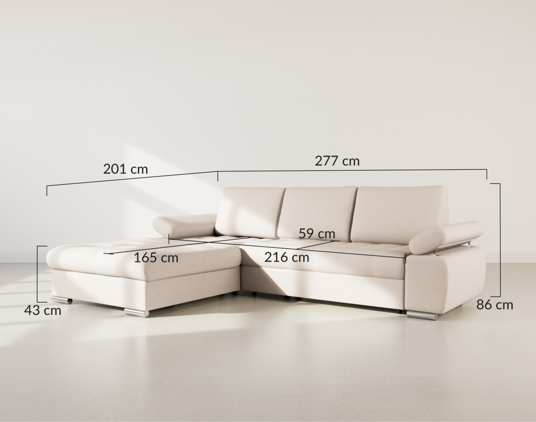 Canapé d'angle gauche 4 places convertible avec coffre en tissu texturé Bianca