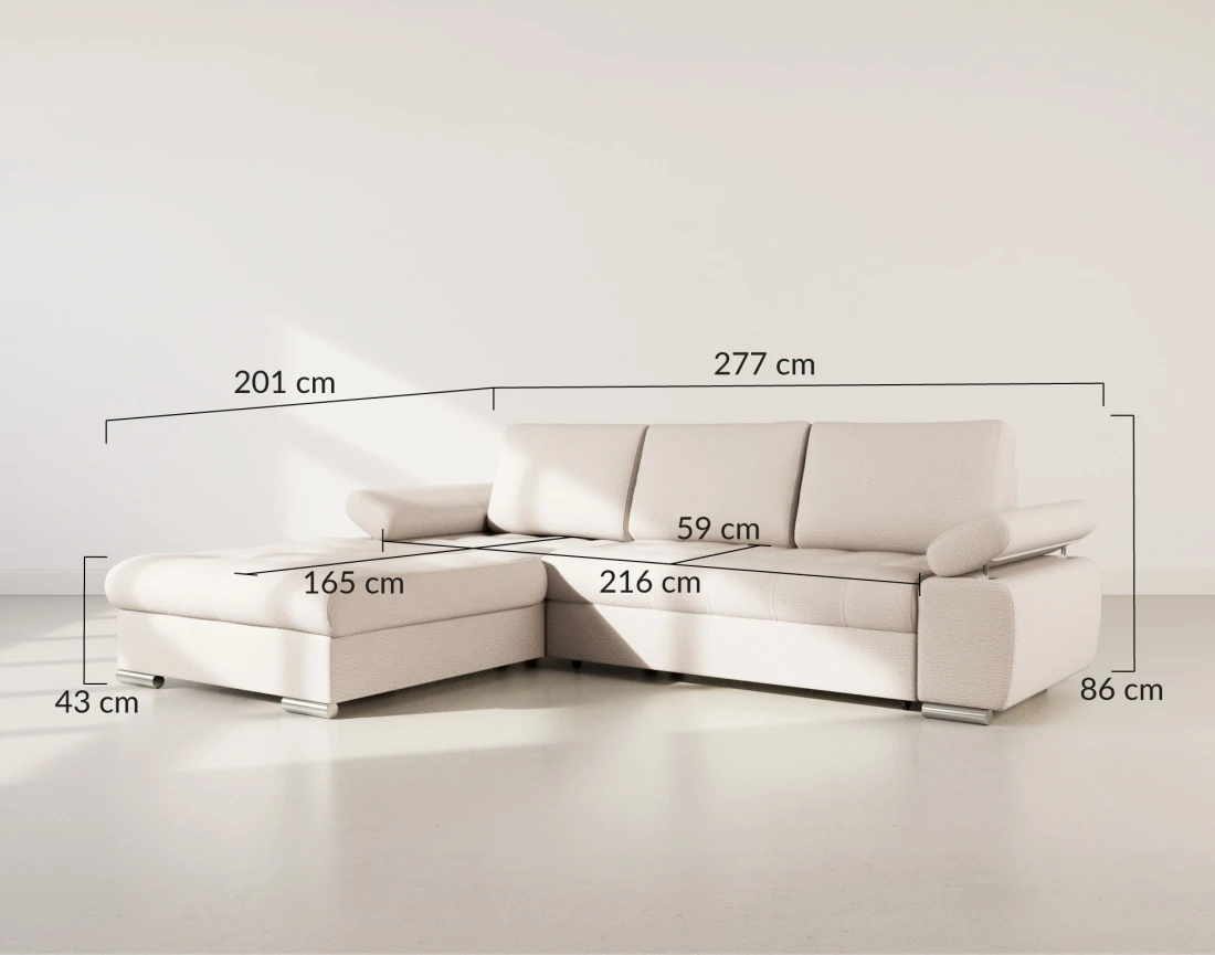 Canapé d'angle gauche 4 places convertible avec coffre en tissu texturé Bianca