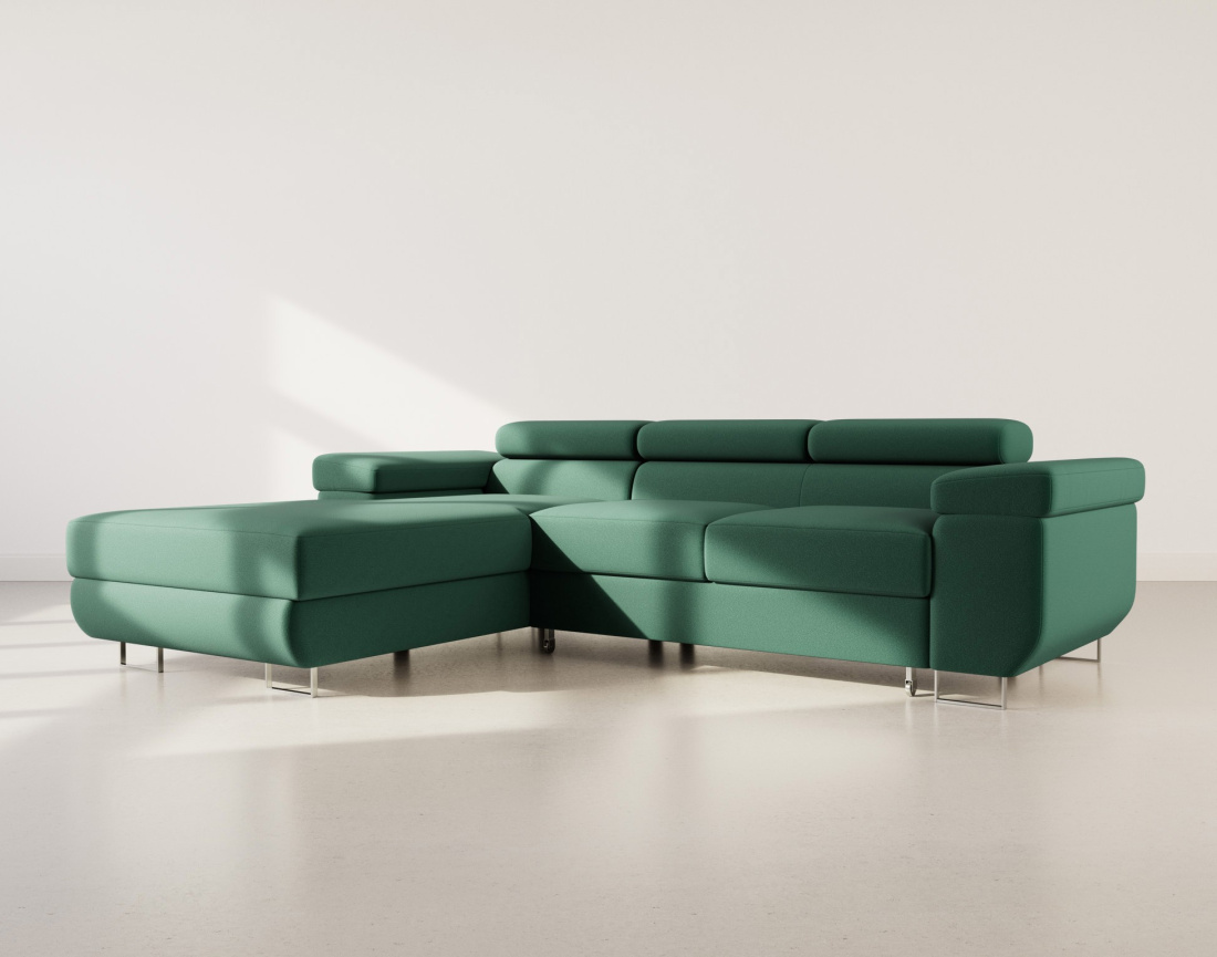 Canapé d'angle gauche 6 places convertible avec coffre et têtières réglables en velours Pablo