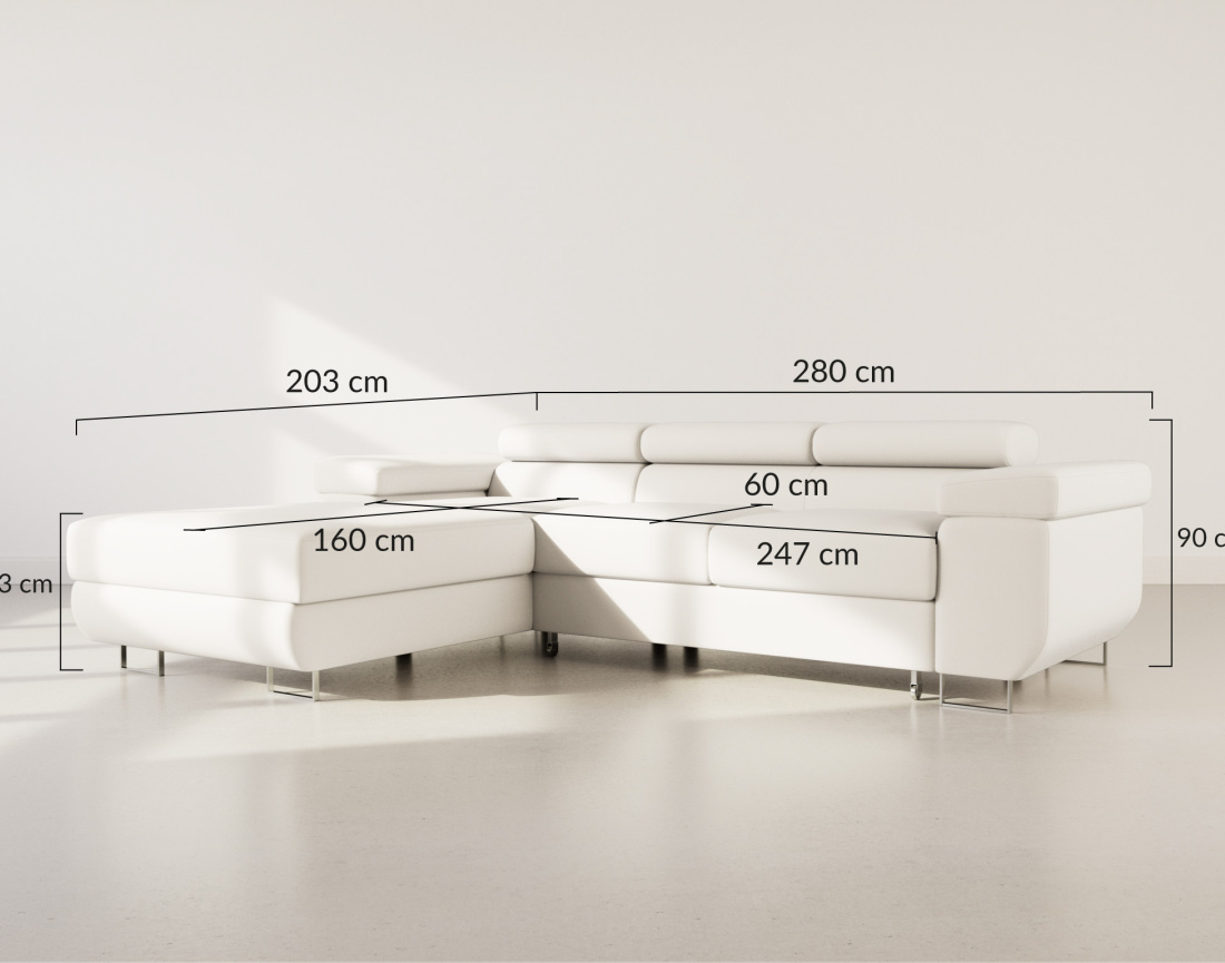 Canapé d'angle gauche 6 places convertible avec coffre et têtières réglables en velours Pablo