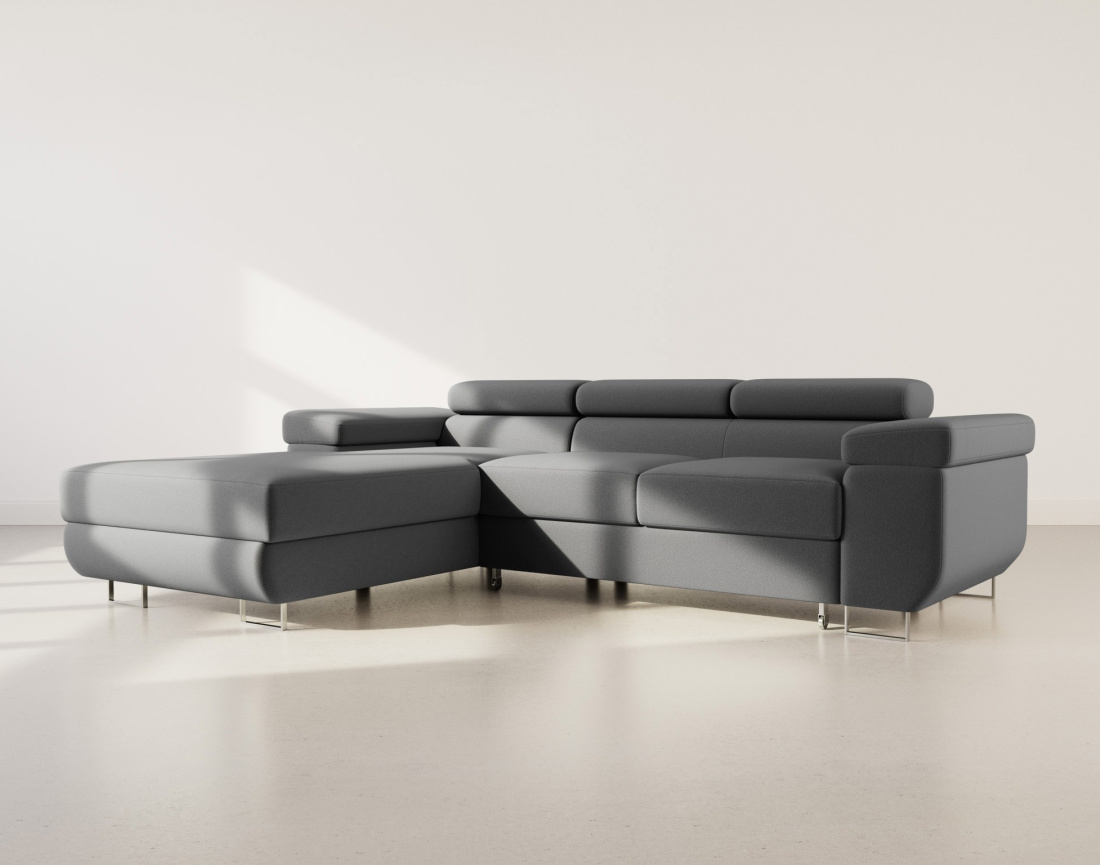 Canapé d'angle gauche 6 places convertible avec coffre et têtières réglables en velours Pablo