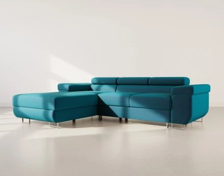 Canapé d'angle gauche 6 places convertible avec coffre et têtières réglables en velours Pablo