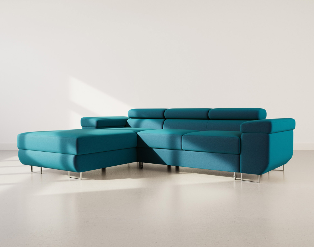 Canapé d'angle gauche 6 places convertible avec coffre et têtières réglables en velours Pablo