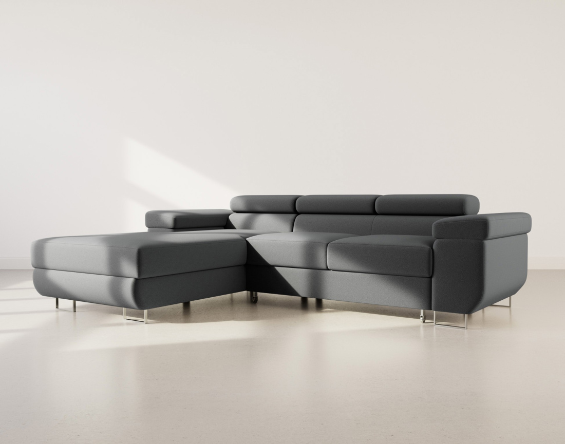 Canapé d'angle gauche 6 places convertible avec coffre et têtières réglables en velours Pablo