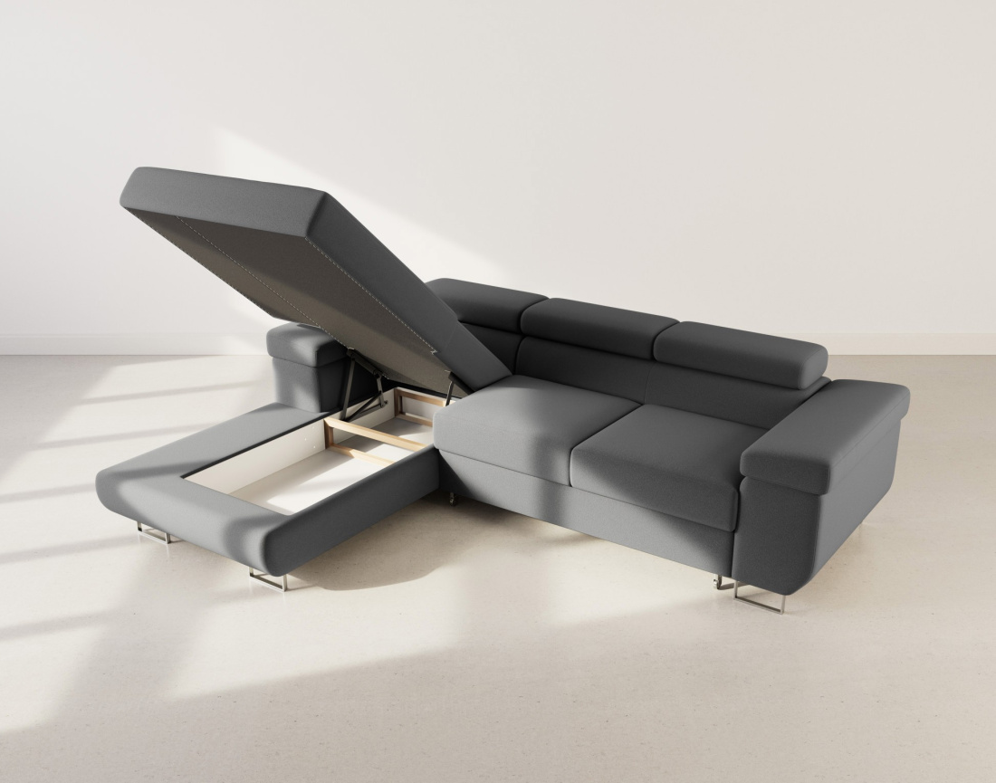 Canapé d'angle gauche 6 places convertible avec coffre et têtières réglables en velours Pablo