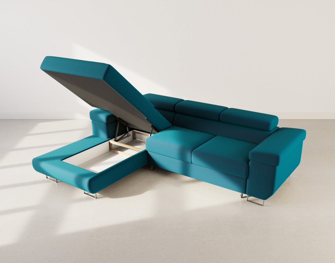 Canapé d'angle gauche 6 places convertible avec coffre et têtières réglables en velours Pablo