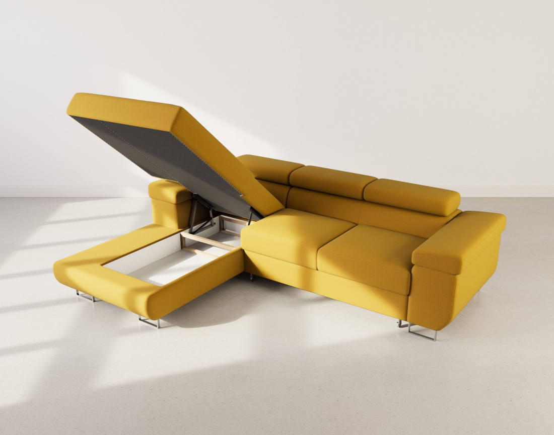 Canapé d'angle gauche 6 places convertible avec coffre et têtières réglables en velours Pablo