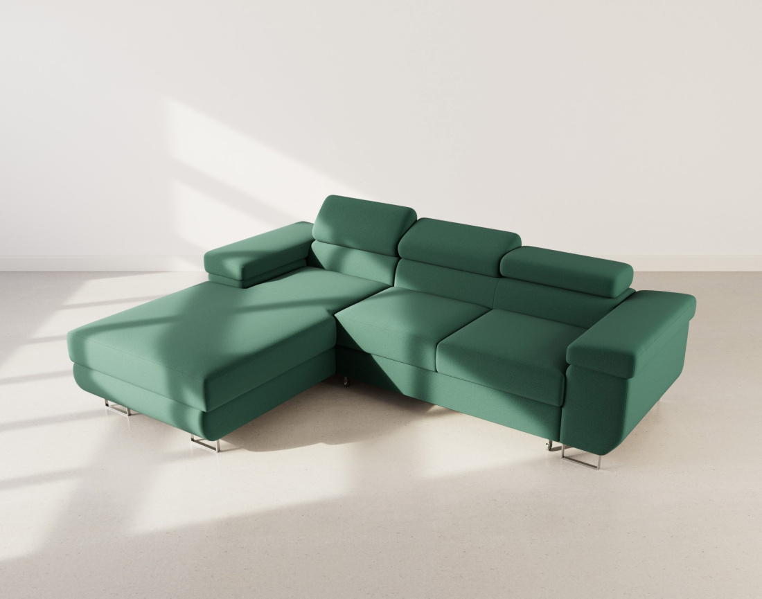 Canapé d'angle gauche 6 places convertible avec coffre et têtières réglables en velours Pablo