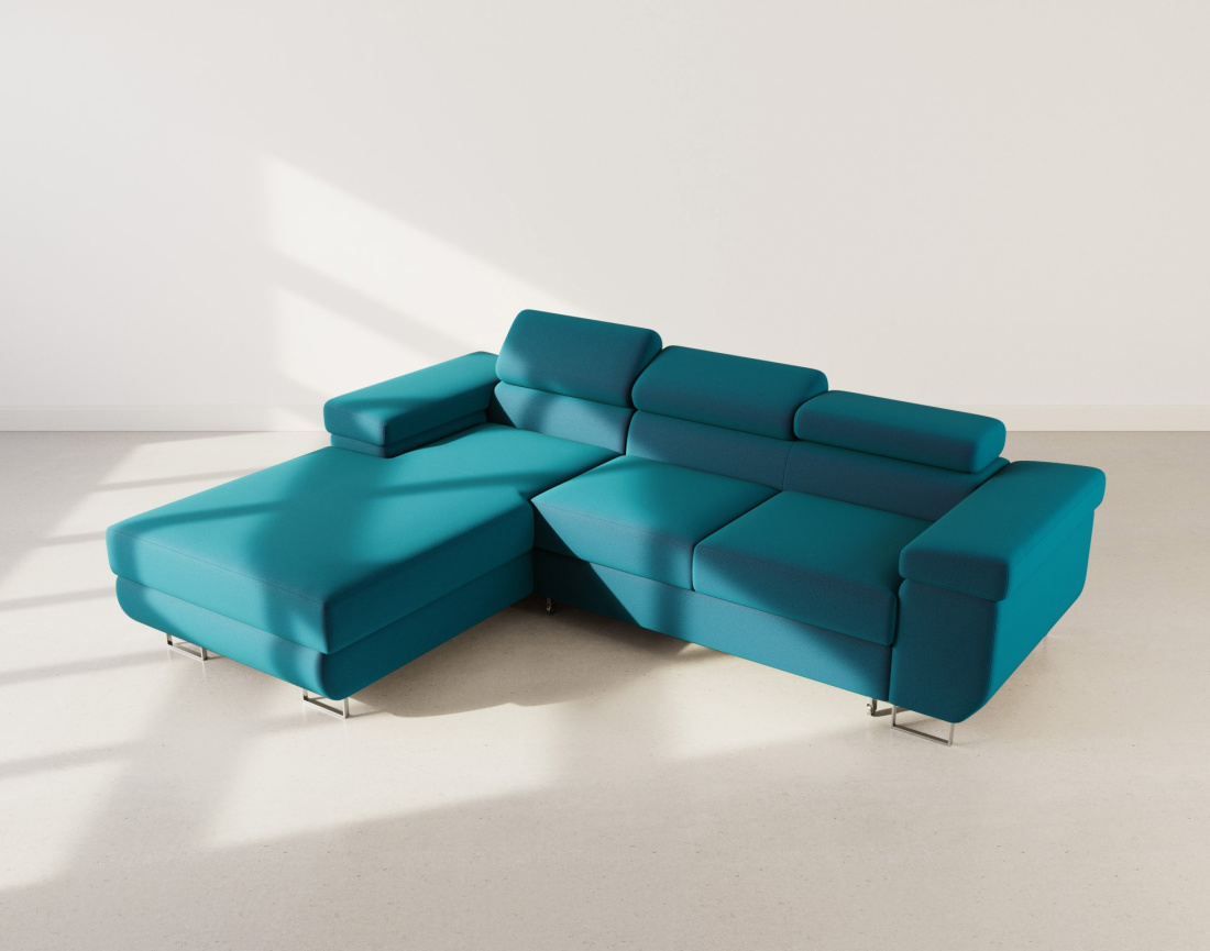 Canapé d'angle gauche 6 places convertible avec coffre et têtières réglables en velours Pablo