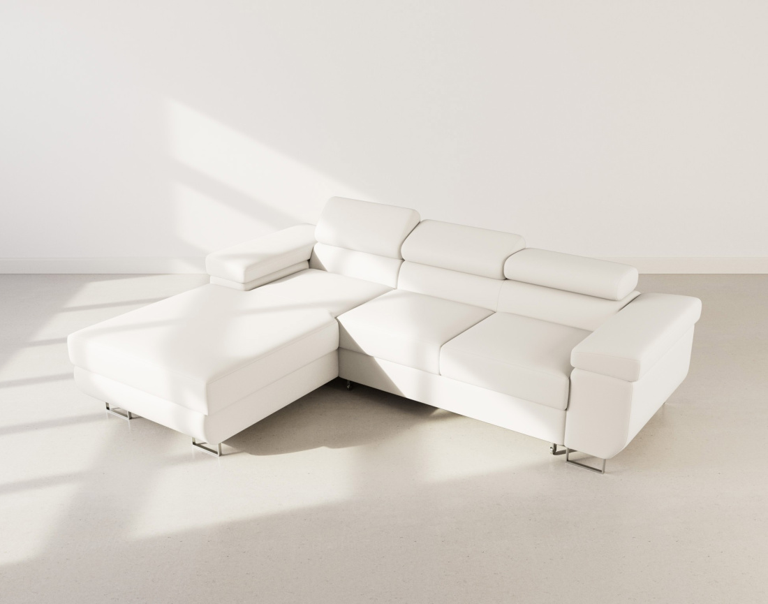 Canapé d'angle gauche 6 places convertible avec coffre et têtières réglables en velours Pablo