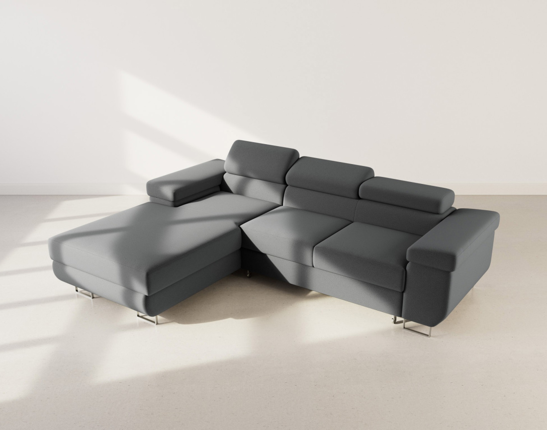 Canapé d'angle gauche 6 places convertible avec coffre et têtières réglables en velours Pablo