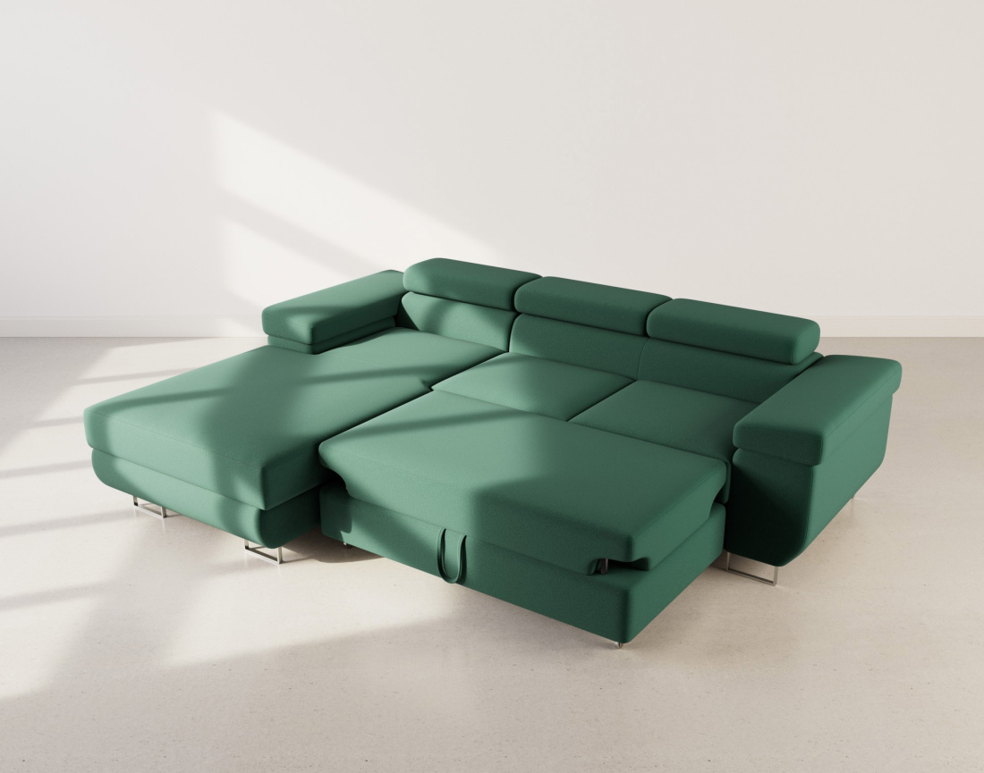 Canapé d'angle gauche 6 places convertible avec coffre et têtières réglables en velours Pablo