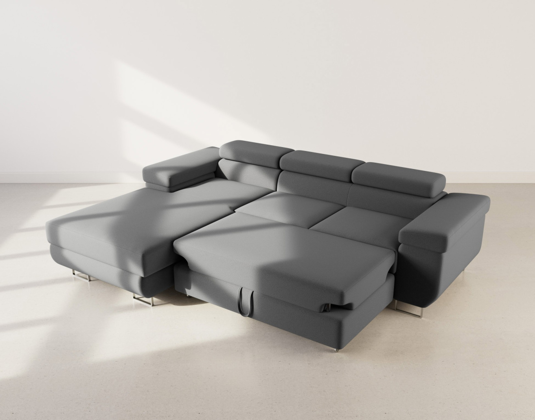 Canapé d'angle gauche 6 places convertible avec coffre et têtières réglables en velours Pablo