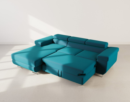 Canapé d'angle gauche 6 places convertible avec coffre et têtières réglables en velours Pablo