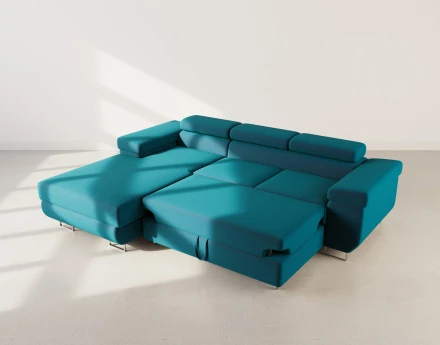 Canapé d'angle gauche 6 places convertible avec coffre et têtières réglables en velours Pablo