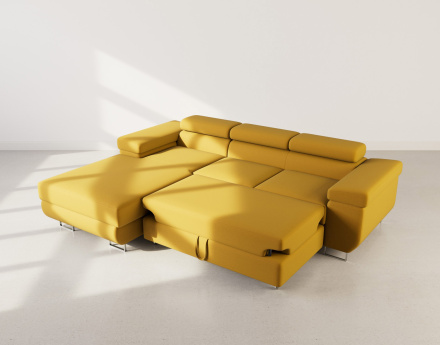 Canapé d'angle gauche 6 places convertible avec coffre et têtières réglables en velours Pablo