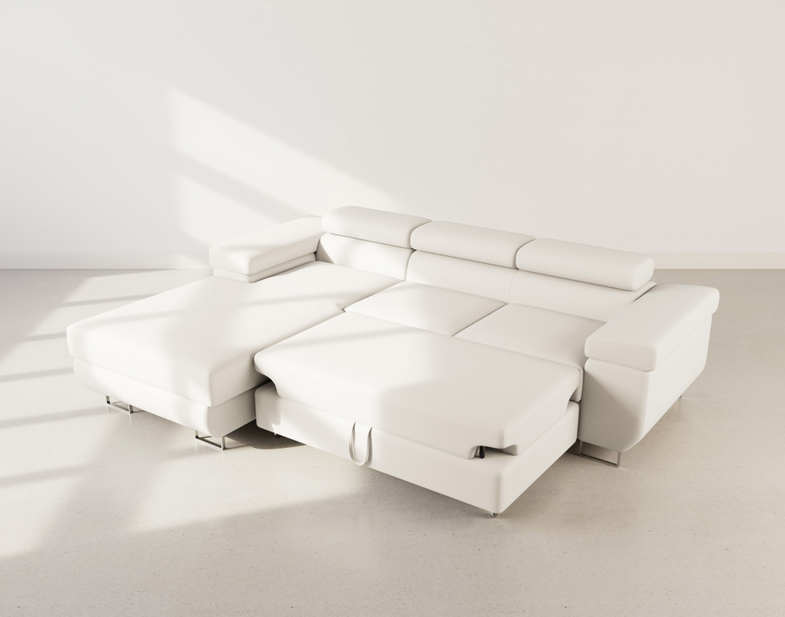 Canapé d'angle gauche 6 places convertible avec coffre et têtières réglables en velours Pablo