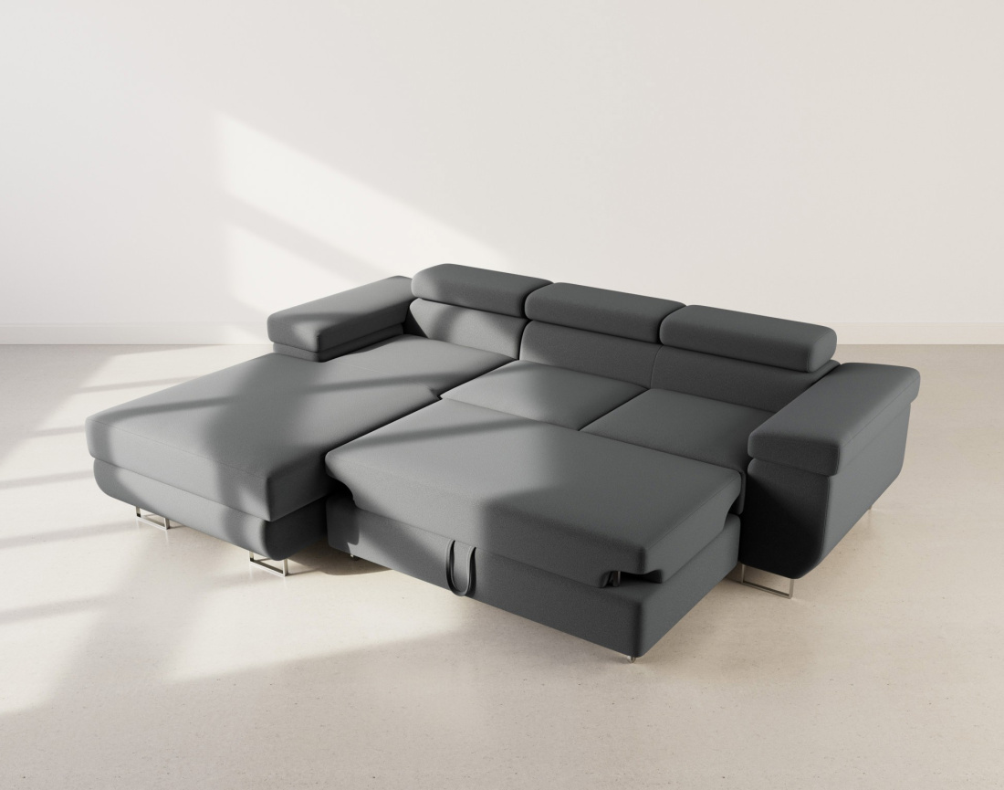Canapé d'angle gauche 6 places convertible avec coffre et têtières réglables en velours Pablo