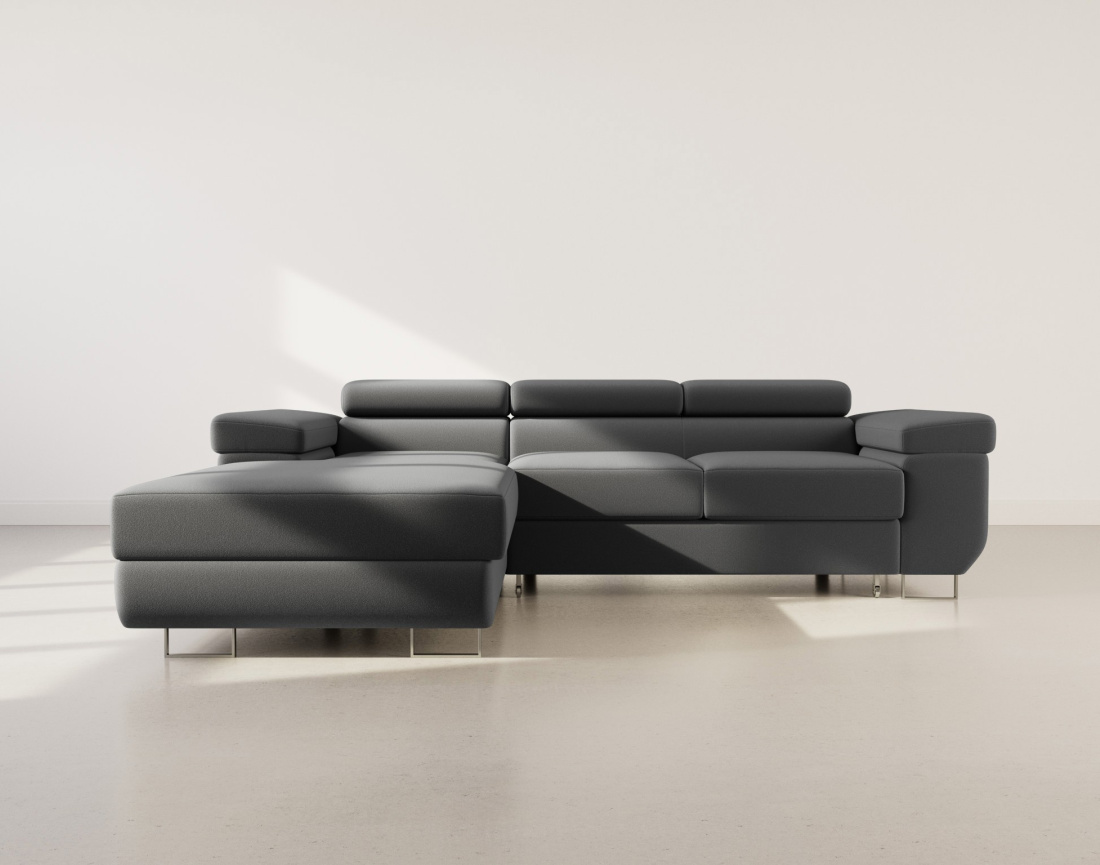 Canapé d'angle gauche 6 places convertible avec coffre et têtières réglables en velours Pablo