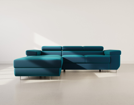 Canapé d'angle gauche 6 places convertible avec coffre et têtières réglables en velours Pablo