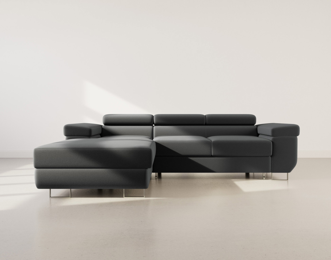 Canapé d'angle gauche 6 places convertible avec coffre et têtières réglables en velours Pablo